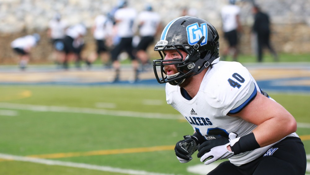 GVL / Kevin Sielaff - Joe Moran (40) warms up before the match.  The Lakers fall to the Rams of Shepard University with a final score of 34-32 Dec. 12 in Shepardstown, West Virginia.