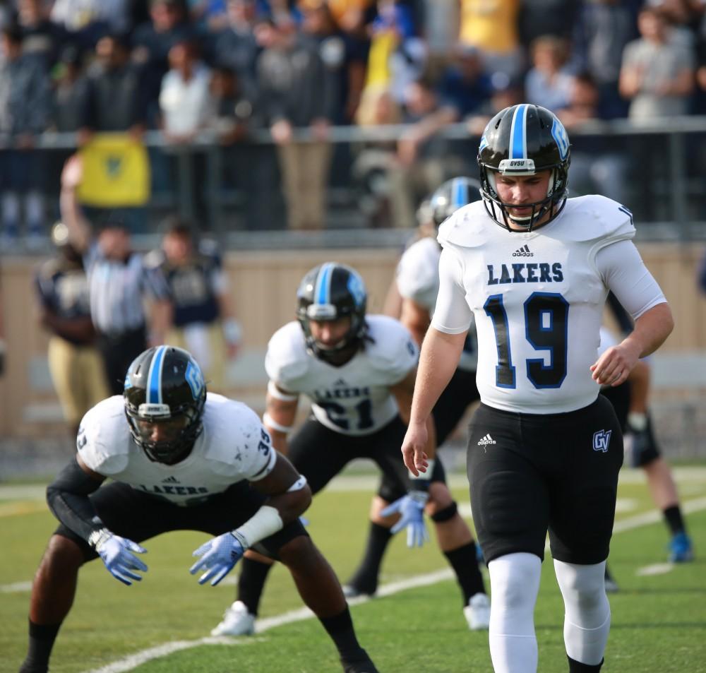 GVL / Kevin Sielaff - Joel Schipper (19) sets up for the opening kick off.  The Lakers fall to the Rams of Shepard University with a final score of 34-32 Dec. 12 in Shepardstown, West Virginia.