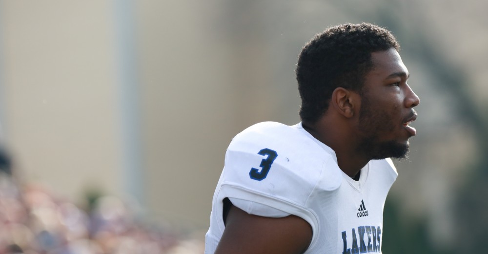 GVL / Kevin Sielaff - Brandon Bean (3) anxiously watches the first few plays unfold.  The Lakers fall to the Rams of Shepard University with a final score of 34-32 Dec. 12 in Shepardstown, West Virginia.