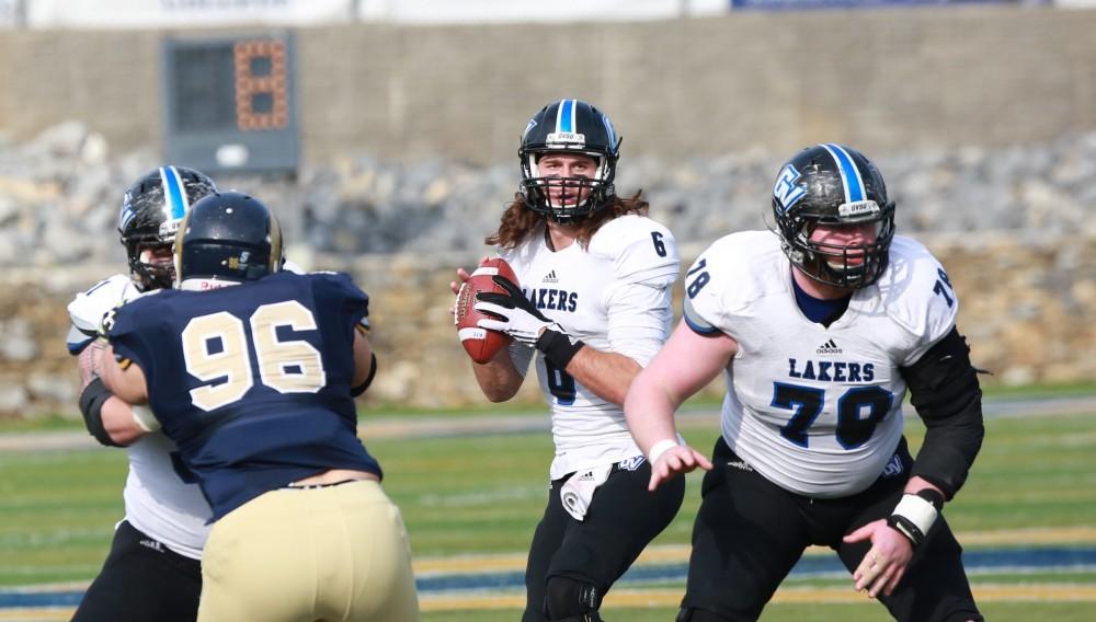 GVL / Kevin Sielaff - Bart Williams (6) looks for an outlet pass.  The Lakers fall to the Rams of Shepard University with a final score of 34-32 Dec. 12 in Shepardstown, West Virginia.