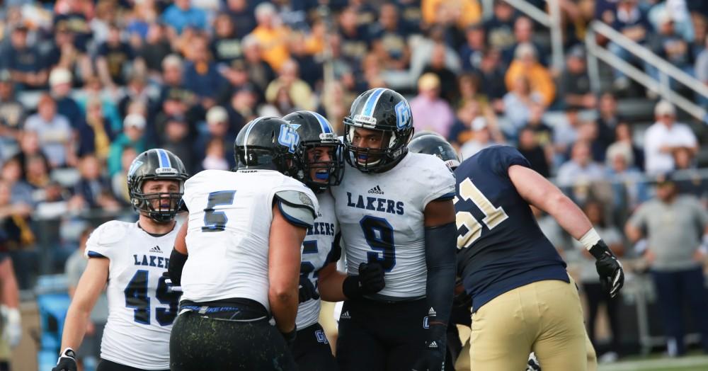 GVL / Kevin Sielaff - Matt Judon (9) and company celebrate a tackle.  The Lakers fall to the Rams of Shepard University with a final score of 34-32 Dec. 12 in Shepardstown, West Virginia.