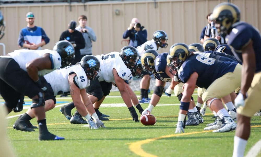 GVL / Kevin Sielaff - De'Ondre Hogan (5) sets up on the line of scrimmage.  The Lakers fall to the Rams of Shepard University with a final score of 34-32 Dec. 12 in Shepardstown, West Virginia.