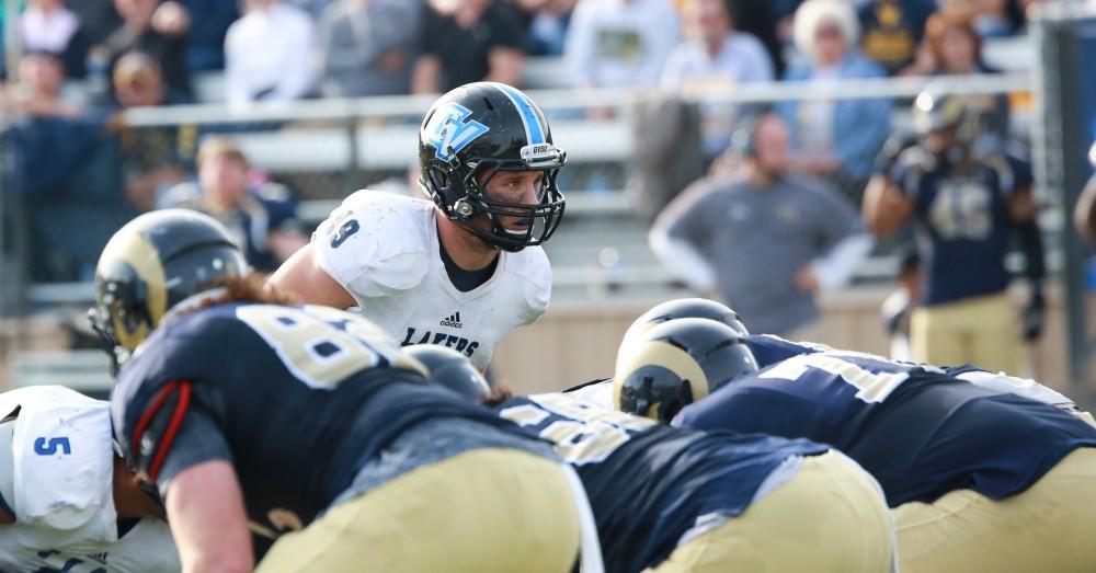 GVL / Kevin Sielaff - Collin Schlosser (49) gets ready for a play.  The Lakers fall to the Rams of Shepard University with a final score of 34-32 Dec. 12 in Shepardstown, West Virginia.