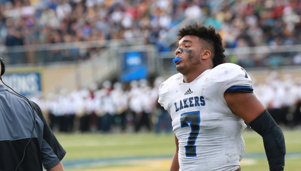 GVL / Kevin Sielaff - David Talley (7) returns to the Grand Valley bench after making a critical stop.  The Lakers fall to the Rams of Shepard University with a final score of 34-32 Dec. 12 in Shepardstown, West Virginia.