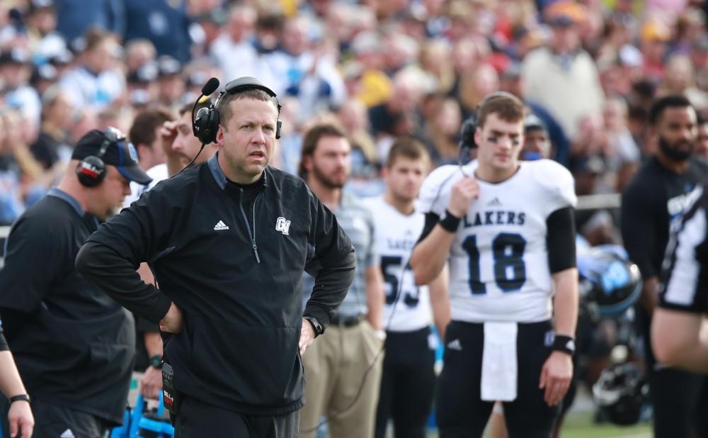 GVL / Kevin Sielaff - Head coach Matt Mitchell looks on toward the referees after the Potts injury.  The Lakers fall to the Rams of Shepard University with a final score of 34-32 Dec. 12 in Shepardstown, West Virginia.