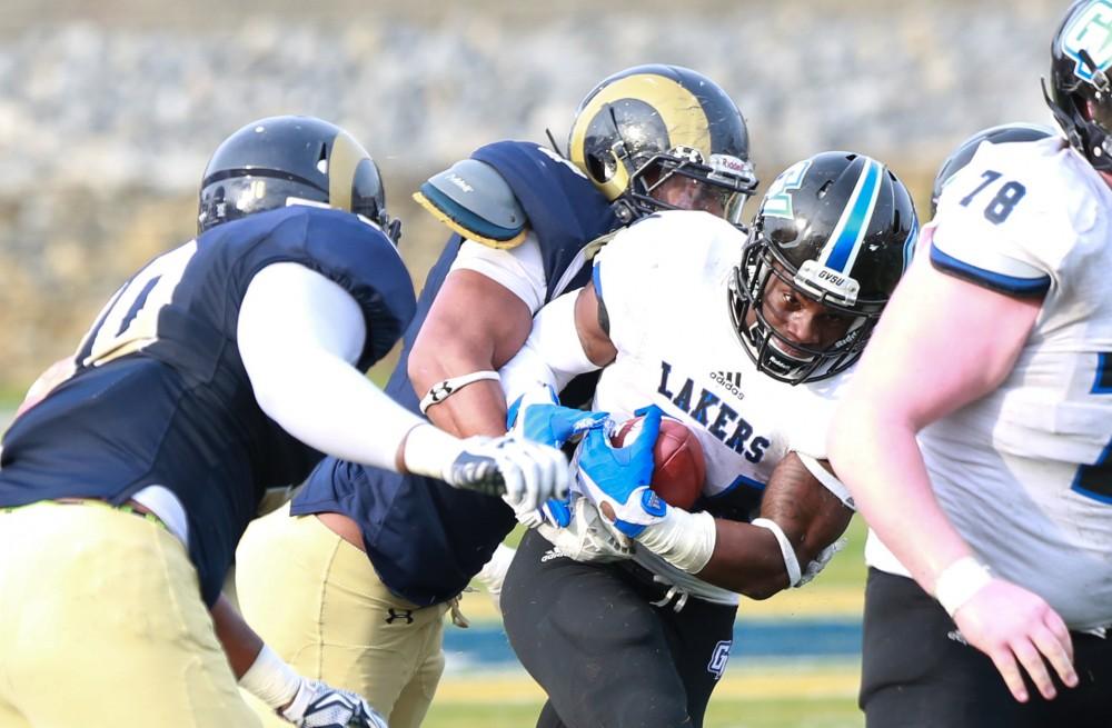 GVL / Kevin Sielaff - Marty Carter (34) is taken down on a punt return.  The Lakers fall to the Rams of Shepard University with a final score of 34-32 Dec. 12 in Shepardstown, West Virginia.