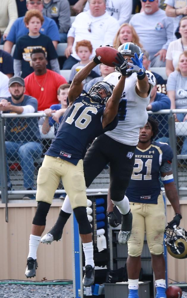 GVL / Kevin Sielaff - A pass intended for Matt Williams (24) is intercepted near the end zone.  The Lakers fall to the Rams of Shepard University with a final score of 34-32 Dec. 12 in Shepardstown, West Virginia.