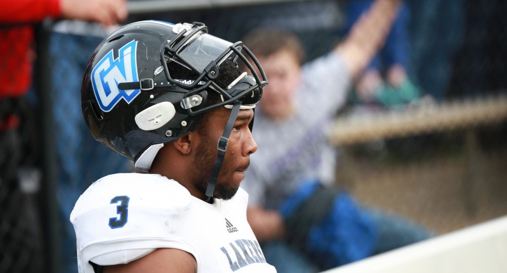 GVL / Kevin Sielaff - Brandon Bean (3) sits on Grand Valley's bench and watches as the clock winds down.  The Lakers fall to the Rams of Shepard University with a final score of 34-32 Dec. 12 in Shepardstown, West Virginia.