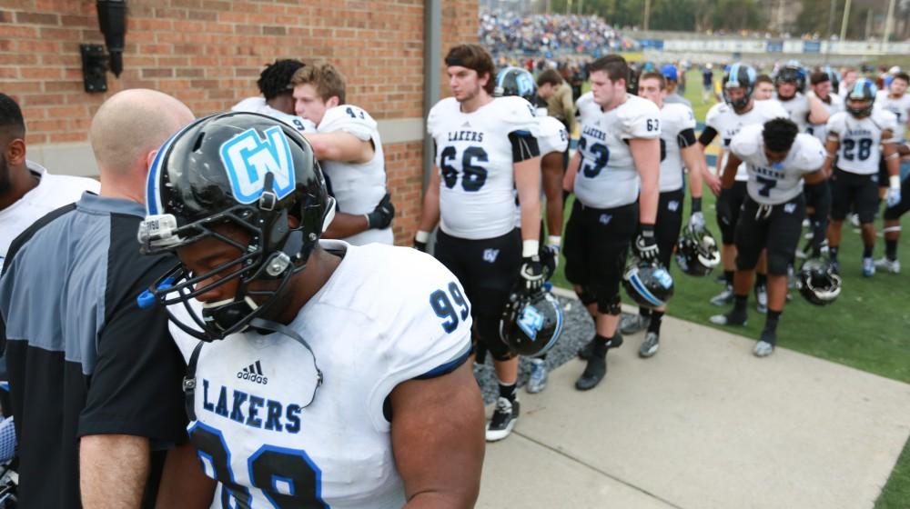 GVL / Kevin Sielaff -  Sonny Haskins (99) exits the field after the game.  The Lakers fall to the Rams of Shepard University with a final score of 34-32 Dec. 12 in Shepardstown, West Virginia.