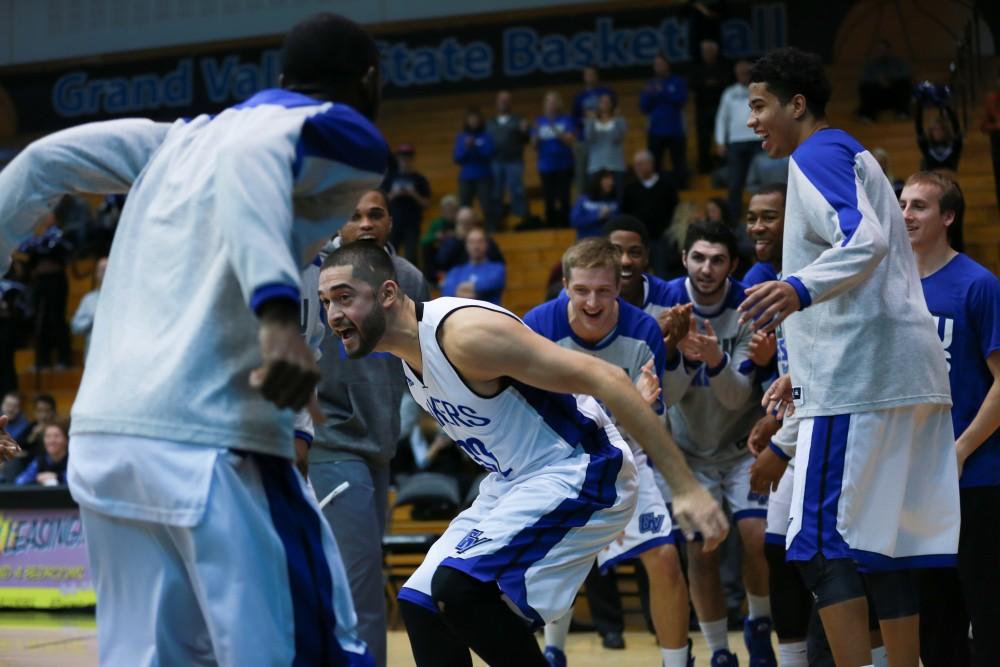 GVL / Kevin Sielaff - Ricardo Carbajal (32) hypes himself up before the match.  The Lakers fall to the Eagles of Ashland University in a tough overtime loss Dec. 3 in Allendale. The final score was 76-72.