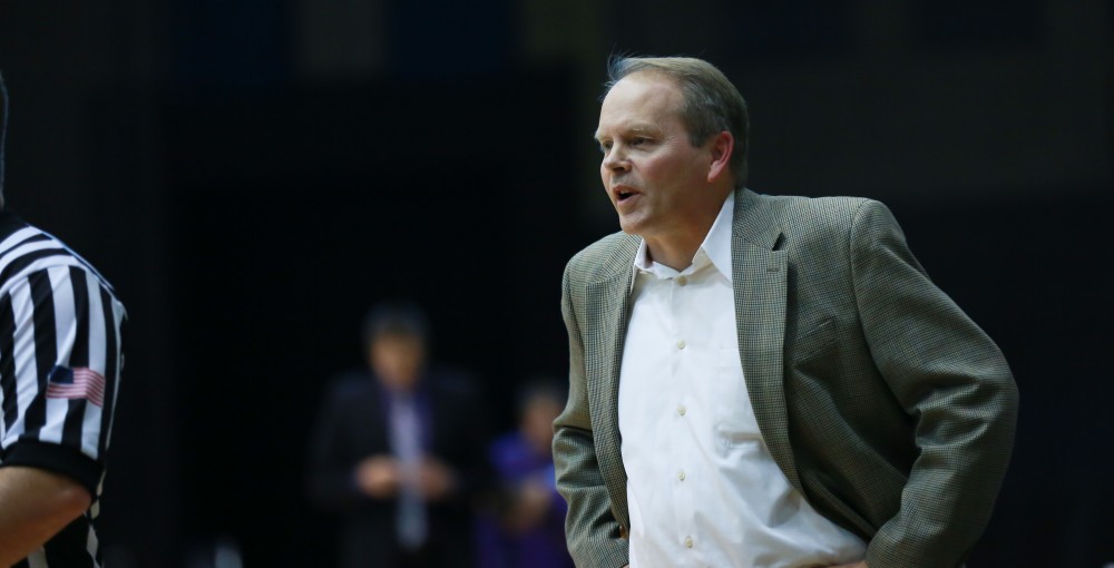 GVL / Kevin Sielaff - Head coach Ric Wesley looks on toward the play.  The Lakers fall to the Eagles of Ashland University in a tough overtime loss Dec. 3 in Allendale. The final score was 76-72.