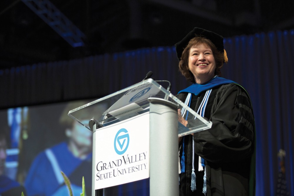 GVL / Kevin Sielaff
Provost Gayle Davis speaks at convocation. Grand Valley kicks off the academic year with their annual convocation ceremonies, held August 29th, 2015 inside the Fieldhouse Arena.  