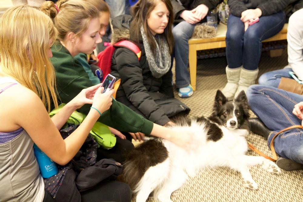 GVL / Sara Carte
Grand Valley students play with therapy puppies to relieve stress from finals week in the Kirkhof building on Dec. 7.