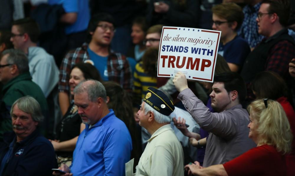 GVL / Kevin Sielaff - Republican front runner Donald Trump packs the Deltaplex Arena and Conference Center in downtown Grand Rapids Dec. 21 for a presidential rally. The event boasted the largest crowd ever held at the Deltaplex arena.