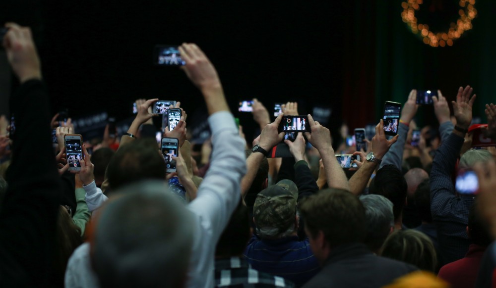 GVL / Kevin Sielaff - Republican front runner Donald Trump packs the Deltaplex Arena and Conference Center in downtown Grand Rapids Dec. 21 for a presidential rally. The event boasted the largest crowd ever held at the Deltaplex arena.