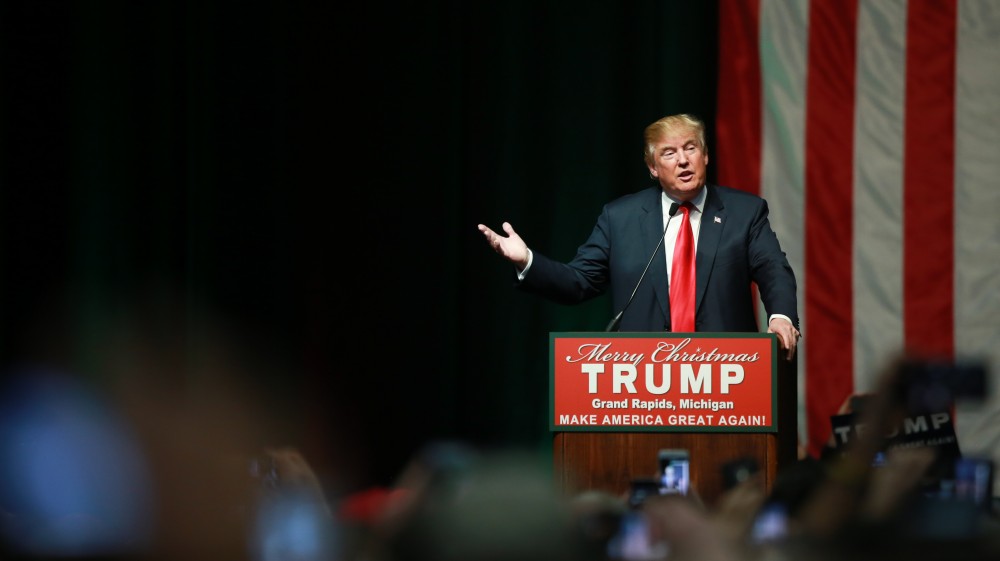 GVL / Kevin Sielaff - Republican front runner Donald Trump packs the Deltaplex Arena and Conference Center in downtown Grand Rapids Dec. 21 for a presidential rally. The event boasted the largest crowd ever held at the Deltaplex arena.