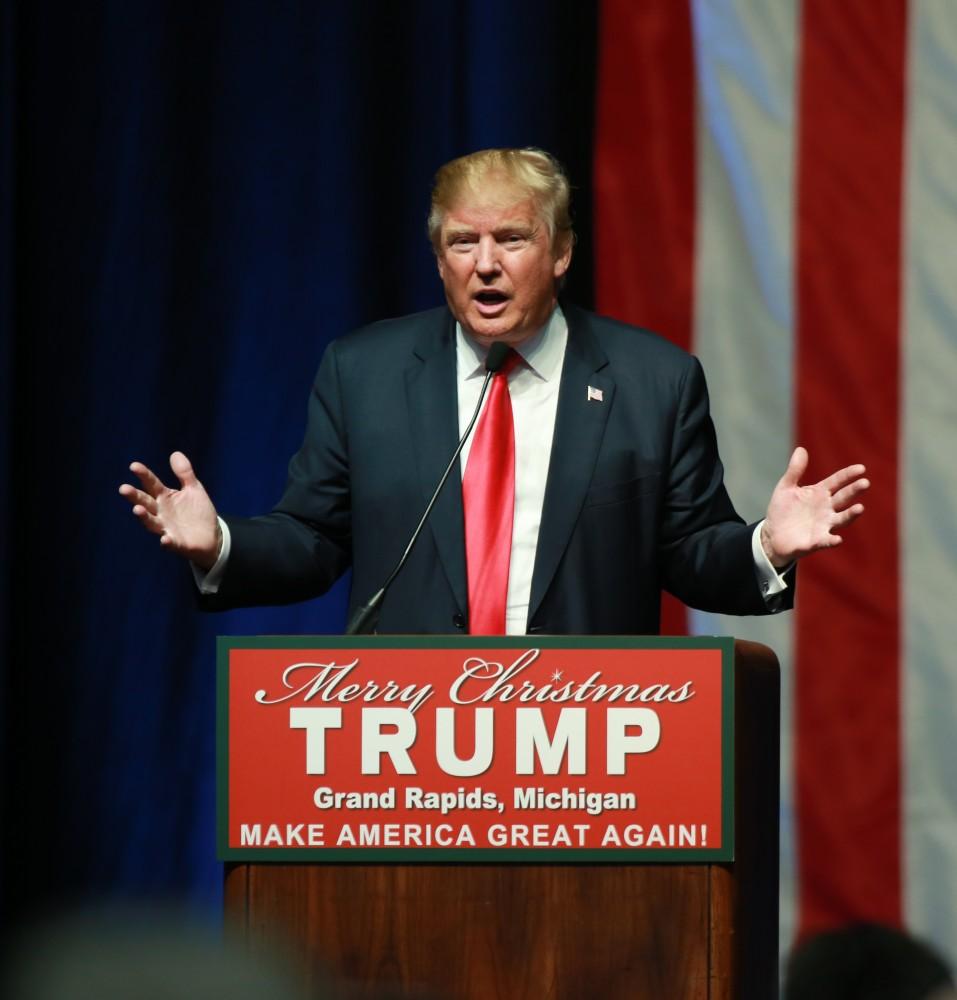 GVL / Kevin Sielaff - Republican front runner Donald Trump packs the Deltaplex Arena and Conference Center in downtown Grand Rapids Dec. 21 for a presidential rally. The event boasted the largest crowd ever held at the Deltaplex arena.