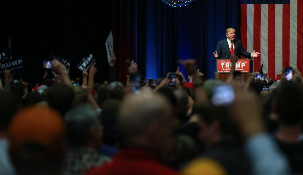 GVL / Kevin Sielaff - Republican front runner Donald Trump packs the Deltaplex Arena and Conference Center in downtown Grand Rapids Dec. 21 for a presidential rally. The event boasted the largest crowd ever held at the Deltaplex arena.