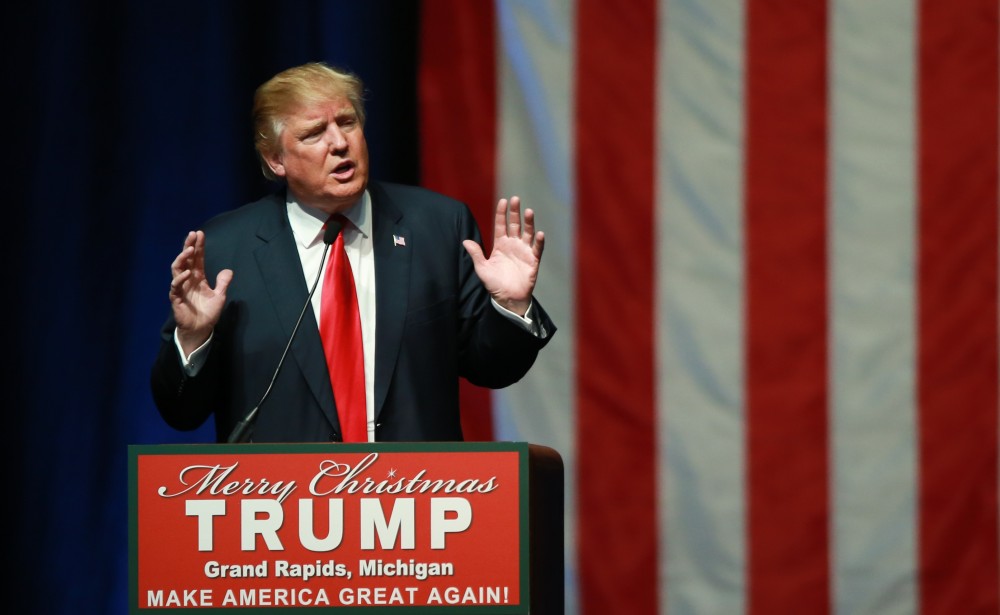 GVL / Kevin Sielaff - Republican front runner Donald Trump packs the Deltaplex Arena and Conference Center in downtown Grand Rapids Dec. 21 for a presidential rally. The event boasted the largest crowd ever held at the Deltaplex arena.