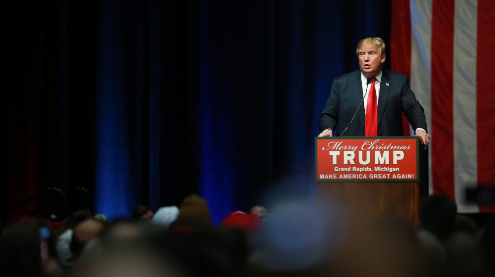 GVL / Kevin Sielaff - Republican front runner Donald Trump packs the Deltaplex Arena and Conference Center in downtown Grand Rapids Dec. 21 for a presidential rally. The event boasted the largest crowd ever held at the Deltaplex arena.