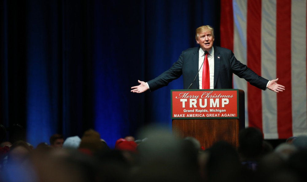 GVL / Kevin Sielaff - Republican front runner Donald Trump packs the Deltaplex Arena and Conference Center in downtown Grand Rapids Dec. 21 for a presidential rally. The event boasted the largest crowd ever held at the Deltaplex arena.