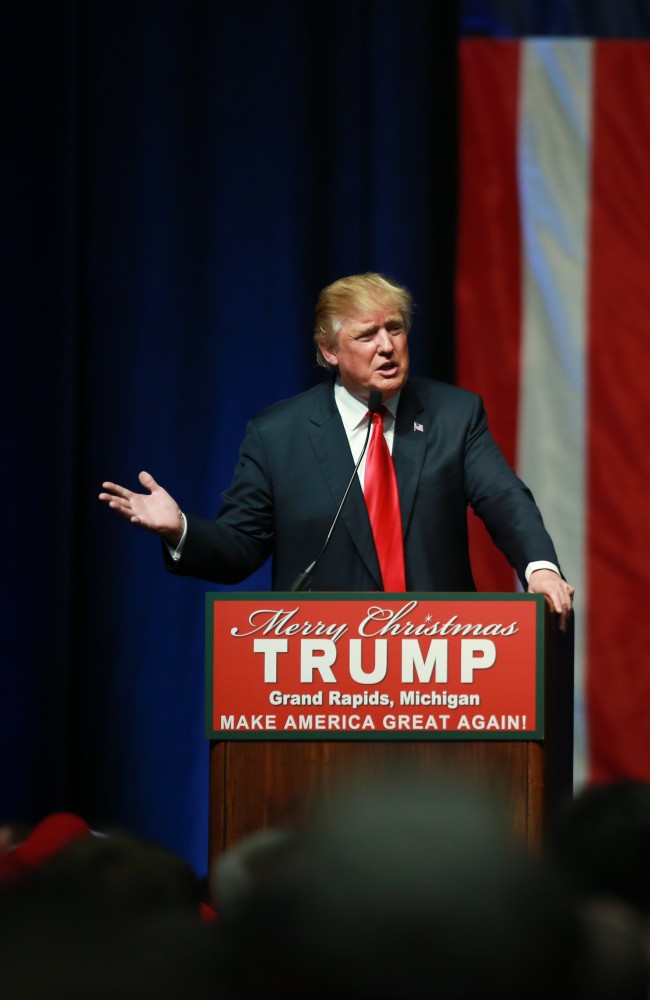 GVL / Kevin Sielaff - Republican front runner Donald Trump packs the Deltaplex Arena and Conference Center in downtown Grand Rapids Dec. 21 for a presidential rally. The event boasted the largest crowd ever held at the Deltaplex arena.