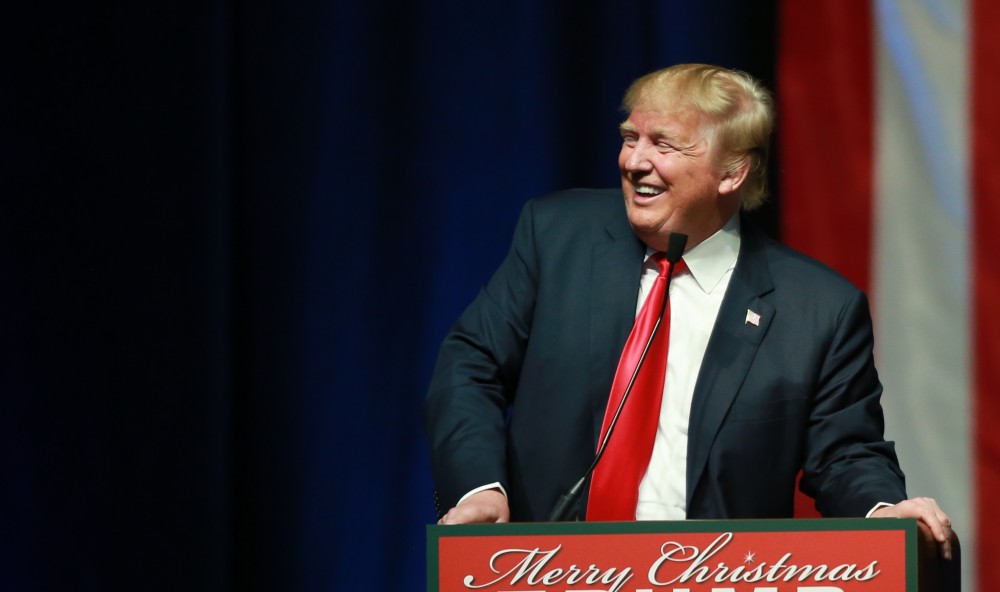 GVL / Kevin Sielaff - Republican front runner Donald Trump packs the Deltaplex Arena and Conference Center in downtown Grand Rapids Dec. 21 for a presidential rally. The event boasted the largest crowd ever held at the Deltaplex arena.