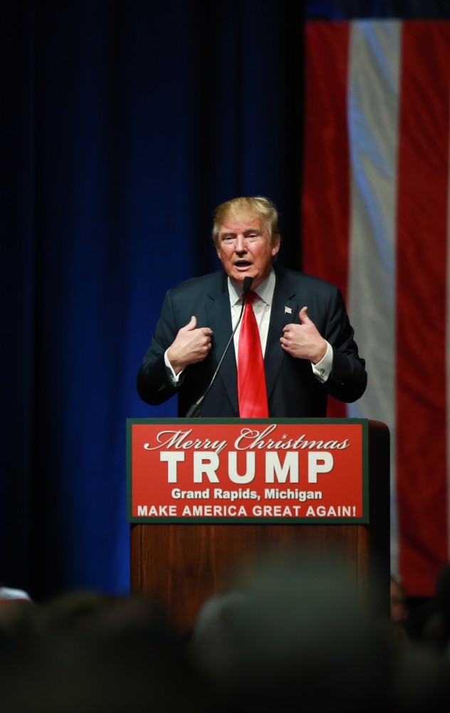 GVL / Kevin Sielaff - Republican front runner Donald Trump packs the Deltaplex Arena and Conference Center in downtown Grand Rapids Dec. 21 for a presidential rally. The event boasted the largest crowd ever held at the Deltaplex arena.