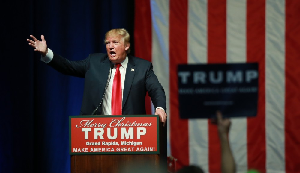 GVL / Kevin Sielaff - Republican front runner Donald Trump packs the Deltaplex Arena and Conference Center in downtown Grand Rapids Dec. 21 for a presidential rally. The event boasted the largest crowd ever held at the Deltaplex arena.