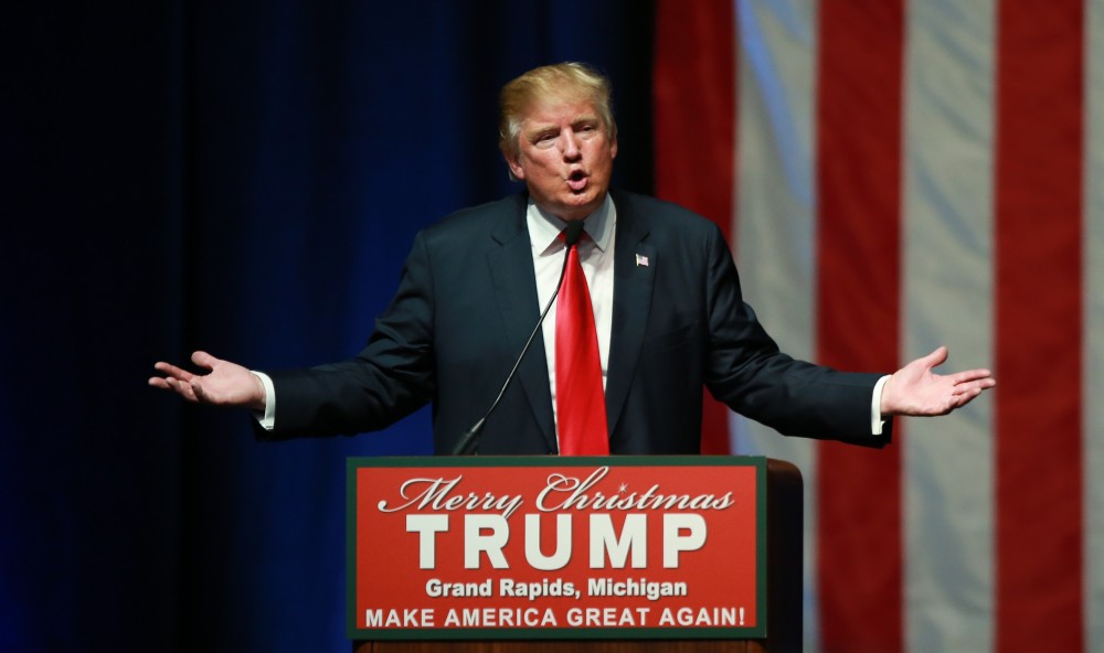 GVL / Kevin Sielaff - Republican front runner Donald Trump packs the Deltaplex Arena and Conference Center in downtown Grand Rapids Dec. 21 for a presidential rally. The event boasted the largest crowd ever held at the Deltaplex arena.