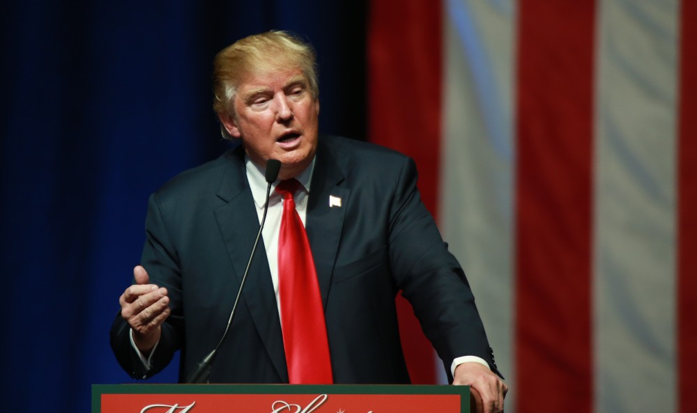 GVL / Kevin Sielaff - Republican front runner Donald Trump packs the Deltaplex Arena and Conference Center in downtown Grand Rapids Dec. 21 for a presidential rally. The event boasted the largest crowd ever held at the Deltaplex arena.