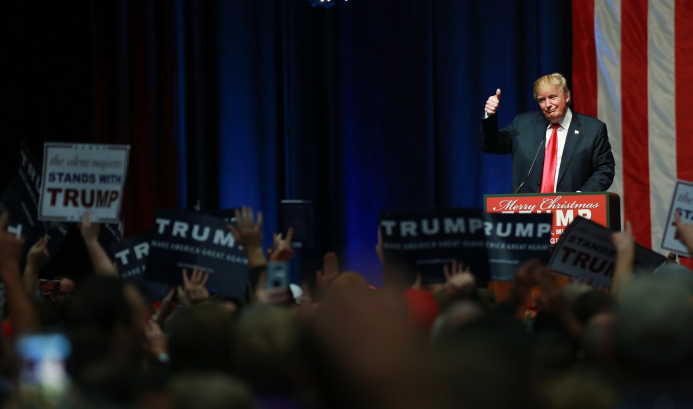 GVL / Kevin Sielaff - Republican front runner Donald Trump packs the Deltaplex Arena and Conference Center in downtown Grand Rapids Dec. 21 for a presidential rally. The event boasted the largest crowd ever held at the Deltaplex arena.