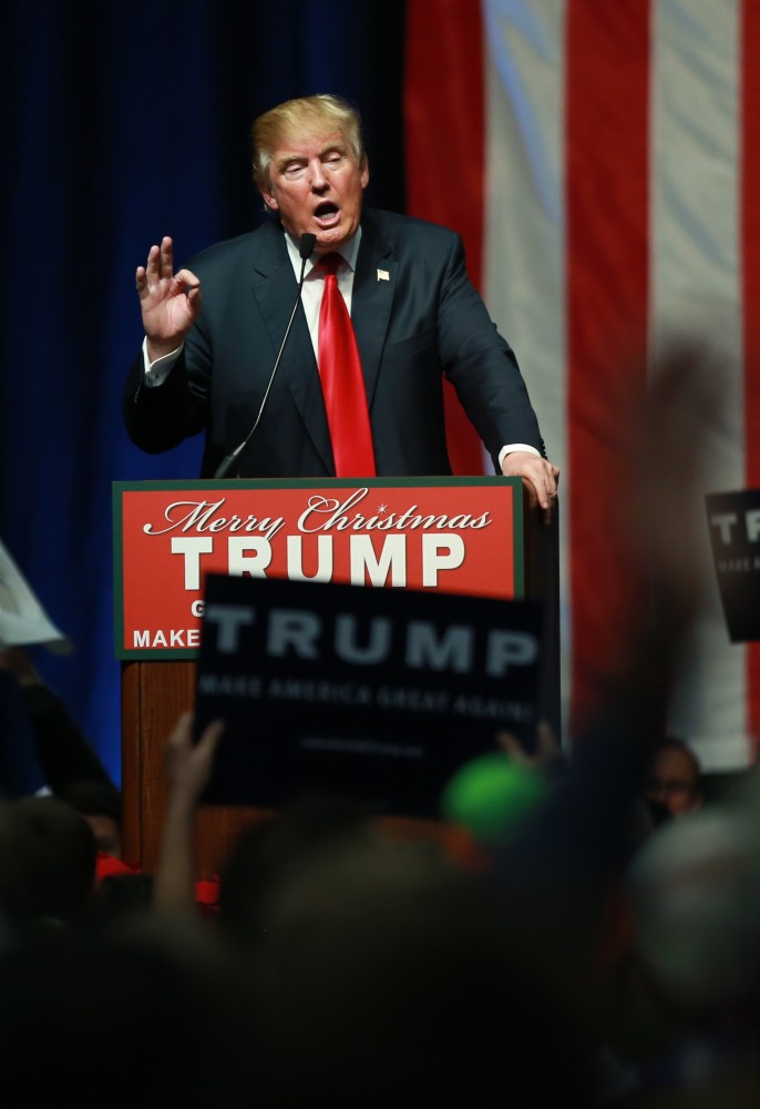 GVL / Kevin Sielaff - Republican front runner Donald Trump packs the Deltaplex Arena and Conference Center in downtown Grand Rapids Dec. 21 for a presidential rally. The event boasted the largest crowd ever held at the Deltaplex arena.