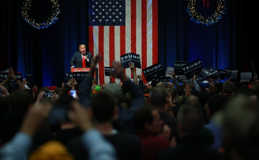 GVL / Kevin Sielaff - Republican front runner Donald Trump packs the Deltaplex Arena and Conference Center in downtown Grand Rapids Dec. 21 for a presidential rally. The event boasted the largest crowd ever held at the Deltaplex arena.