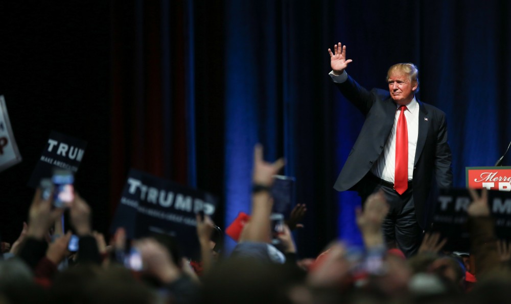 GVL / Kevin Sielaff - Republican front runner Donald Trump packs the Deltaplex Arena and Conference Center in downtown Grand Rapids Dec. 21 for a presidential rally. The event boasted the largest crowd ever held at the Deltaplex arena.