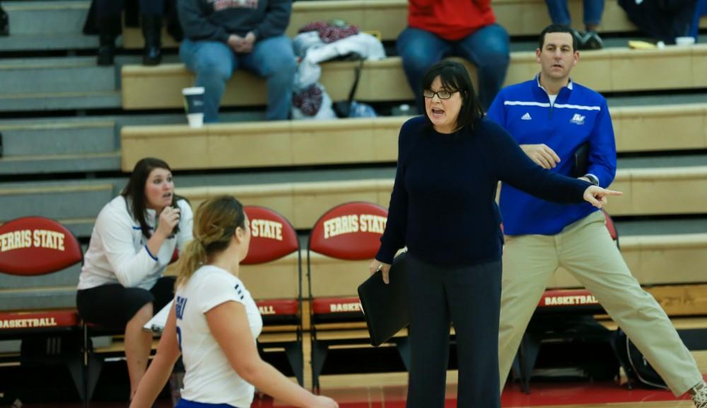 GVL / Kevin Sielaff - Head coach Deanne Scanlon speaks to her team during the match.  The Lakers fall to the Flyers of Lewis University Dec. 3 in Big Rapids, MI in the first round of the NCAA midwest regional tournament by a margin of 3-1.