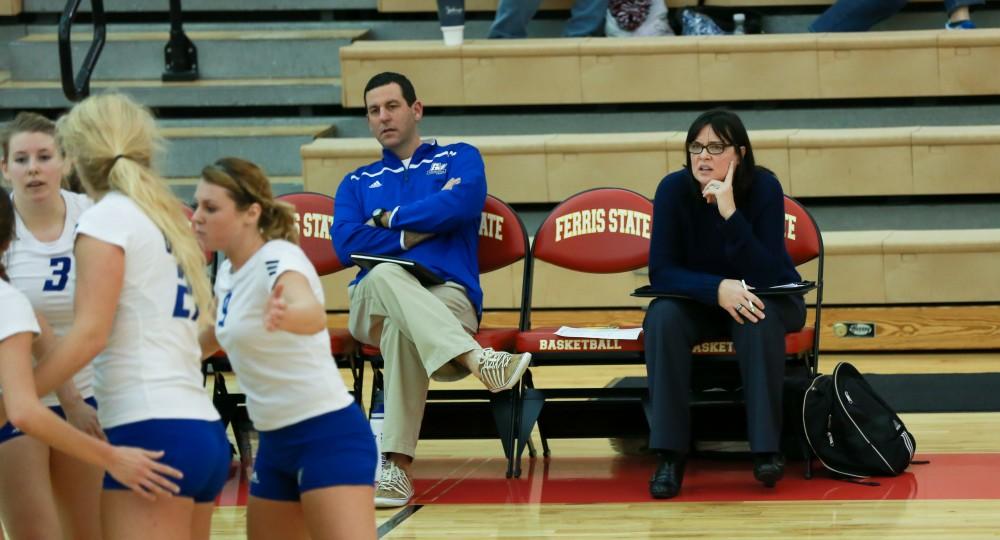 GVL / Kevin Sielaff -  Head coach Deanne Scanlon looks on toward the team huddle, disappointed. The Lakers fall to the Flyers of Lewis University Dec. 3 in Big Rapids, MI in the first round of the NCAA midwest regional tournament by a margin of 3-1.