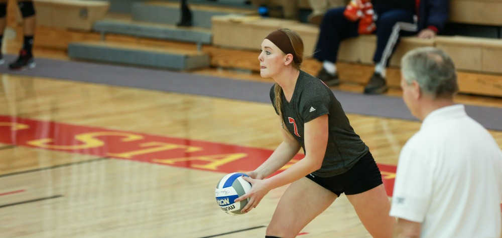 GVL / Kevin Sielaff - Cassidy Parsons (7) of Lewis prepares to serve the ball.  The Lakers fall to the Flyers of Lewis University Dec. 3 in Big Rapids, MI in the first round of the NCAA midwest regional tournament by a margin of 3-1.