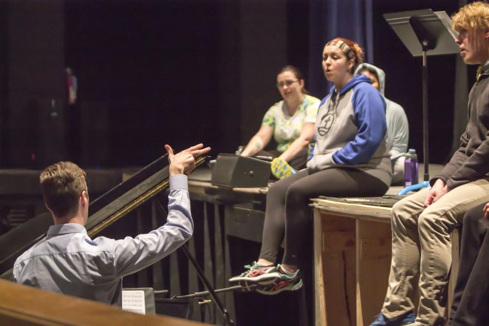 GVL / Sara Carte
The Grand Valley State University Opera Theatre cast rehearse for their production of “Godspell” in the Performing Arts Center on Firday, Jan. 29, 2016. Opening night of the production is on Friday, Feb. 5, 2016 in the Performing Arts Center.