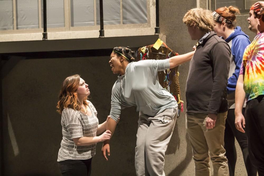 GVL / Sara Carte
The Grand Valley State University Opera Theatre cast rehearse for their production of “Godspell” in the Performing Arts Center on Firday, Jan. 29, 2016. Opening night of the production is on Friday, Feb. 5, 2016 in the Performing Arts Center.