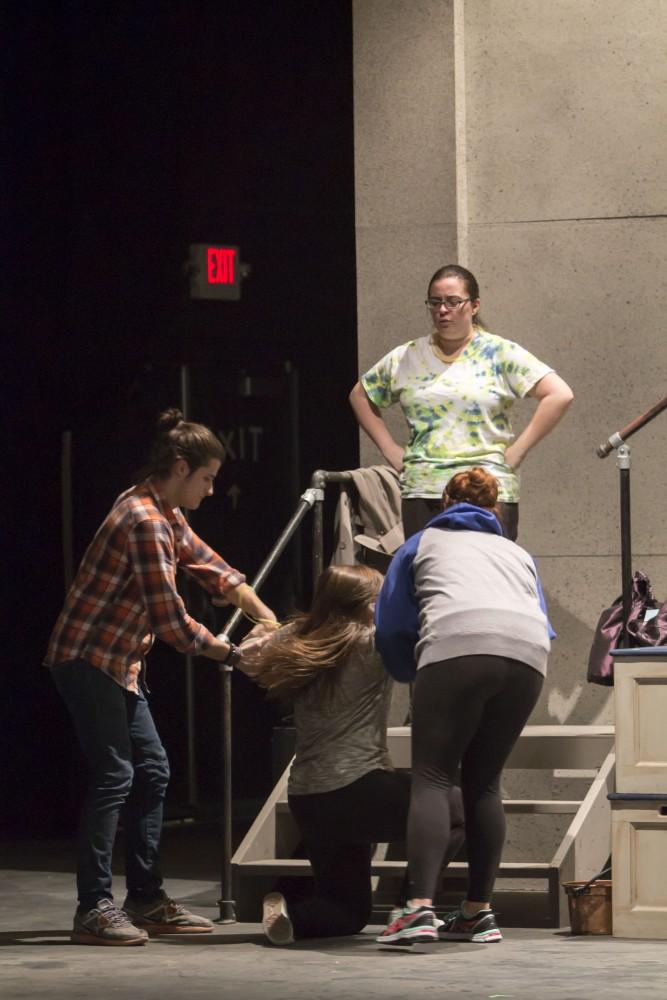 GVL / Sara Carte
The Grand Valley State University Opera Theatre cast rehearse for their production of “Godspell” in the Performing Arts Center on Firday, Jan. 29, 2016. Opening night of the production is on Friday, Feb. 5, 2016 in the Performing Arts Center.