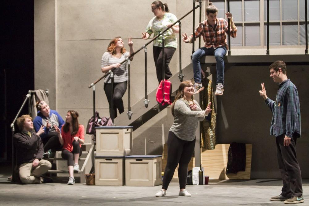 GVL / Sara Carte
The Grand Valley State University Opera Theatre cast rehearse for their production of “Godspell” in the Performing Arts Center on Firday, Jan. 29, 2016. Opening night of the production is on Friday, Feb. 5, 2016 in the Performing Arts Center.