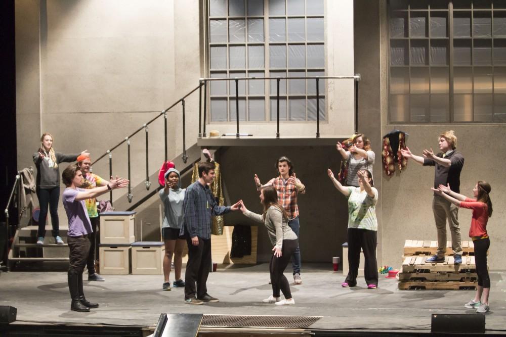 GVL / Sara Carte
The Grand Valley State University Opera Theatre cast rehearse for their production of “Godspell” in the Performing Arts Center on Firday, Jan. 29, 2016. Opening night of the production is on Friday, Feb. 5, 2016 in the Performing Arts Center.