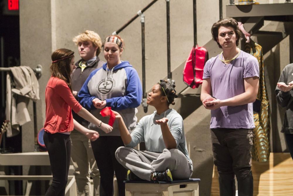 GVL / Sara Carte
The Grand Valley State University Opera Theatre cast rehearse for their production of “Godspell” in the Performing Arts Center on Firday, Jan. 29, 2016. Opening night of the production is on Friday, Feb. 5, 2016 in the Performing Arts Center.