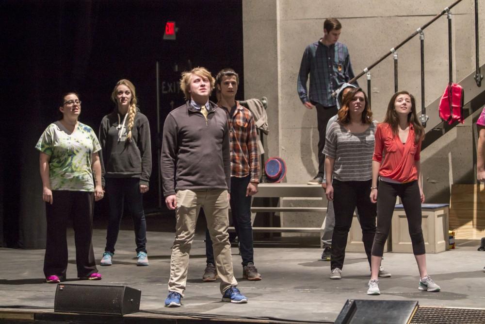 GVL / Sara Carte
The Grand Valley State University Opera Theatre cast rehearse for their production of “Godspell” in the Performing Arts Center on Firday, Jan. 29, 2016. Opening night of the production is on Friday, Feb. 5, 2016 in the Performing Arts Center.