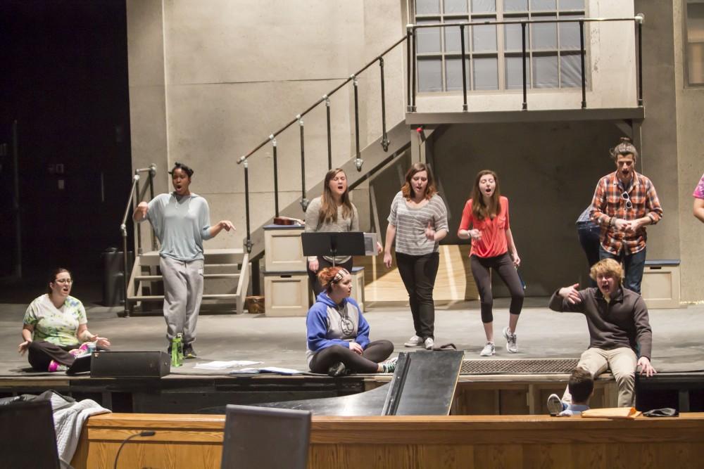 GVL / Sara Carte
The Grand Valley State University Opera Theatre cast rehearses for their production of “Godspell” in the Performing Arts Center on Firday, Jan. 29, 2016. Opening night of the production is on Friday, Feb. 5, 2016 in the Performing Arts Center.