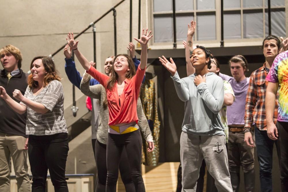 GVL / Sara Carte
The Grand Valley State University Opera Theatre cast rehearse for their production of “Godspell” in the Performing Arts Center on Firday, Jan. 29, 2016. Opening night of the production is on Friday, Feb. 5, 2016 in the Performing Arts Center.