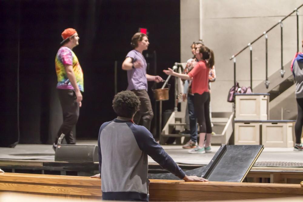 GVL / Sara Carte
“Godspell” director, Chris Carter, directs the Grand Valley State University Opera Theatre cast during rehearsal in the Performing Arts Center on Firday, Jan. 29, 2016. Opening night of the production is on Friday, Feb. 5, 2016 in the Performing Arts Center.