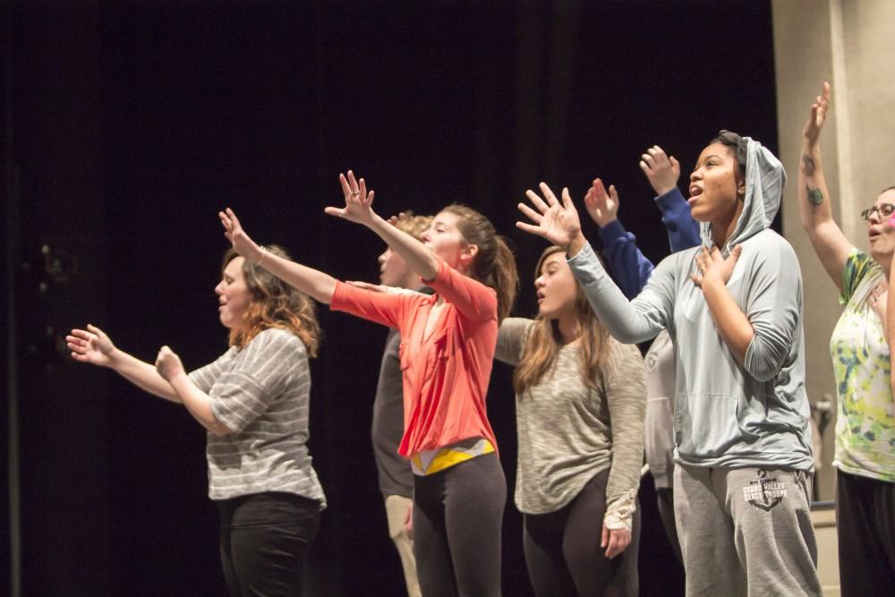 GVL / Sara Carte
The Grand Valley State University Opera Theatre cast rehearse for their production of “Godspell” in the Performing Arts Center on Firday, Jan. 29, 2016. Opening night of the production is on Friday, Feb. 5, 2016 in the Performing Arts Center.