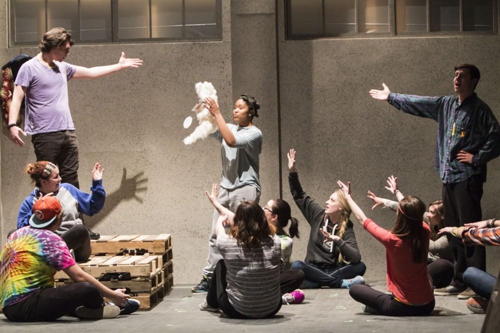 GVL / Sara Carte
The Grand Valley State University Opera Theatre cast rehearse for their production of “Godspell” in the Performing Arts Center on Firday, Jan. 29, 2016. Opening night of the production is on Friday, Feb. 5, 2016 in the Performing Arts Center.